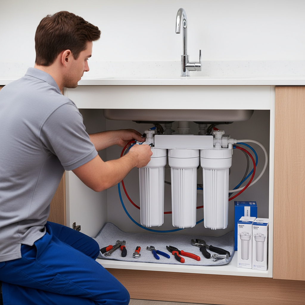 Techniker installiert Wasserfilter unter der Spüle